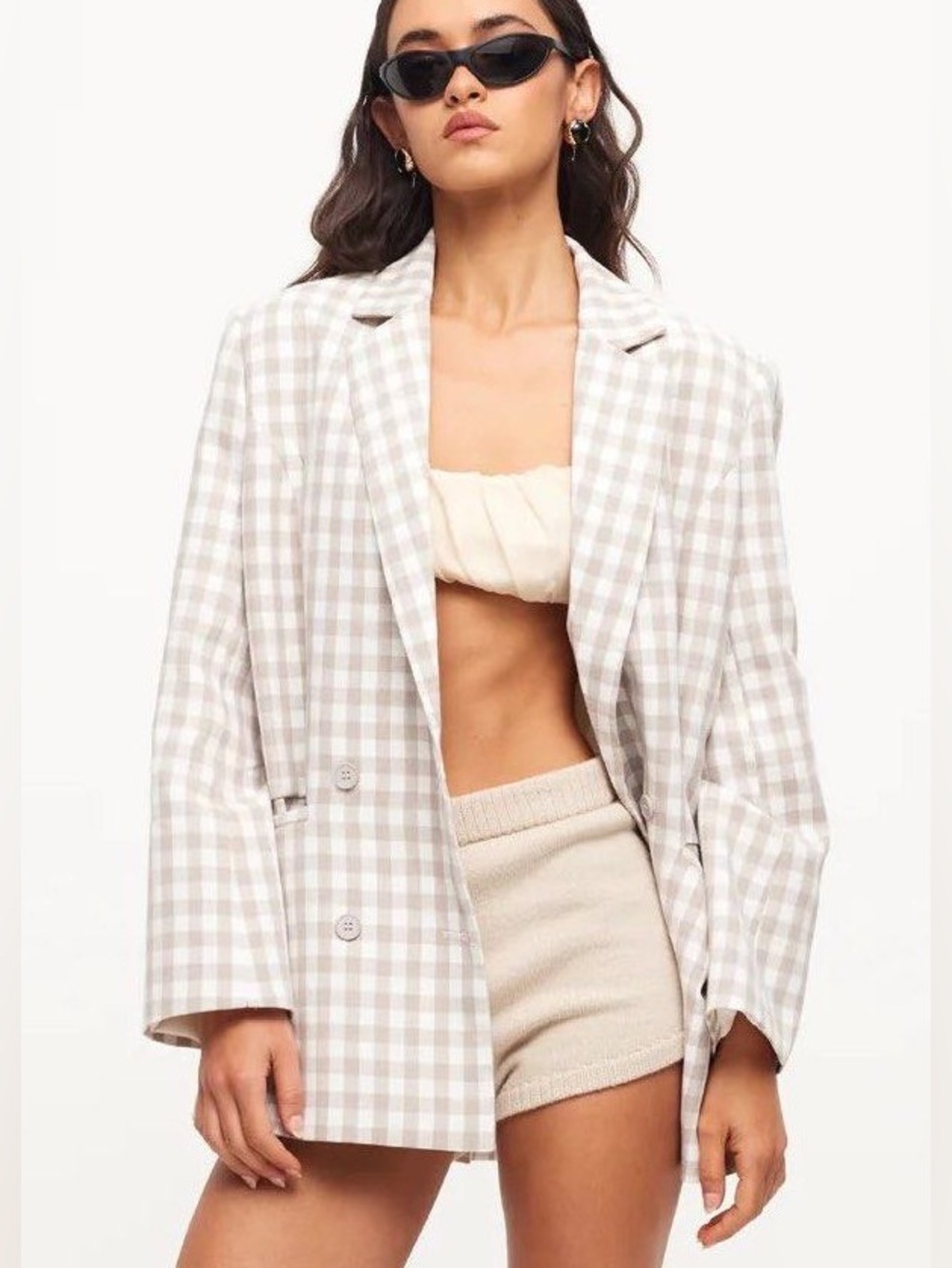 Lioness Tan & White Gingham Plaid Spring Oversized Double Breasted Blazer Jacket